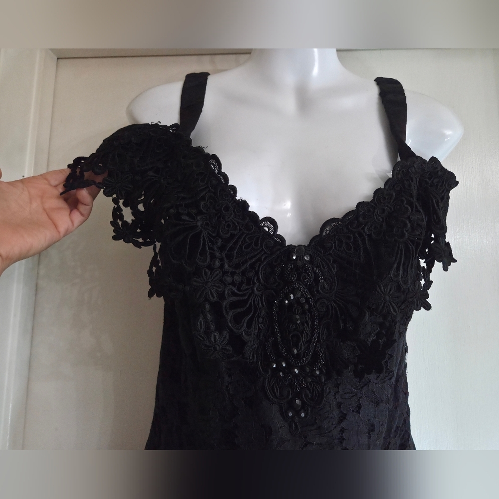Scott McClintock Elegant Black Lace Dress. Long Asymmetric Black Cocktail Dress - Picture 5 of 13